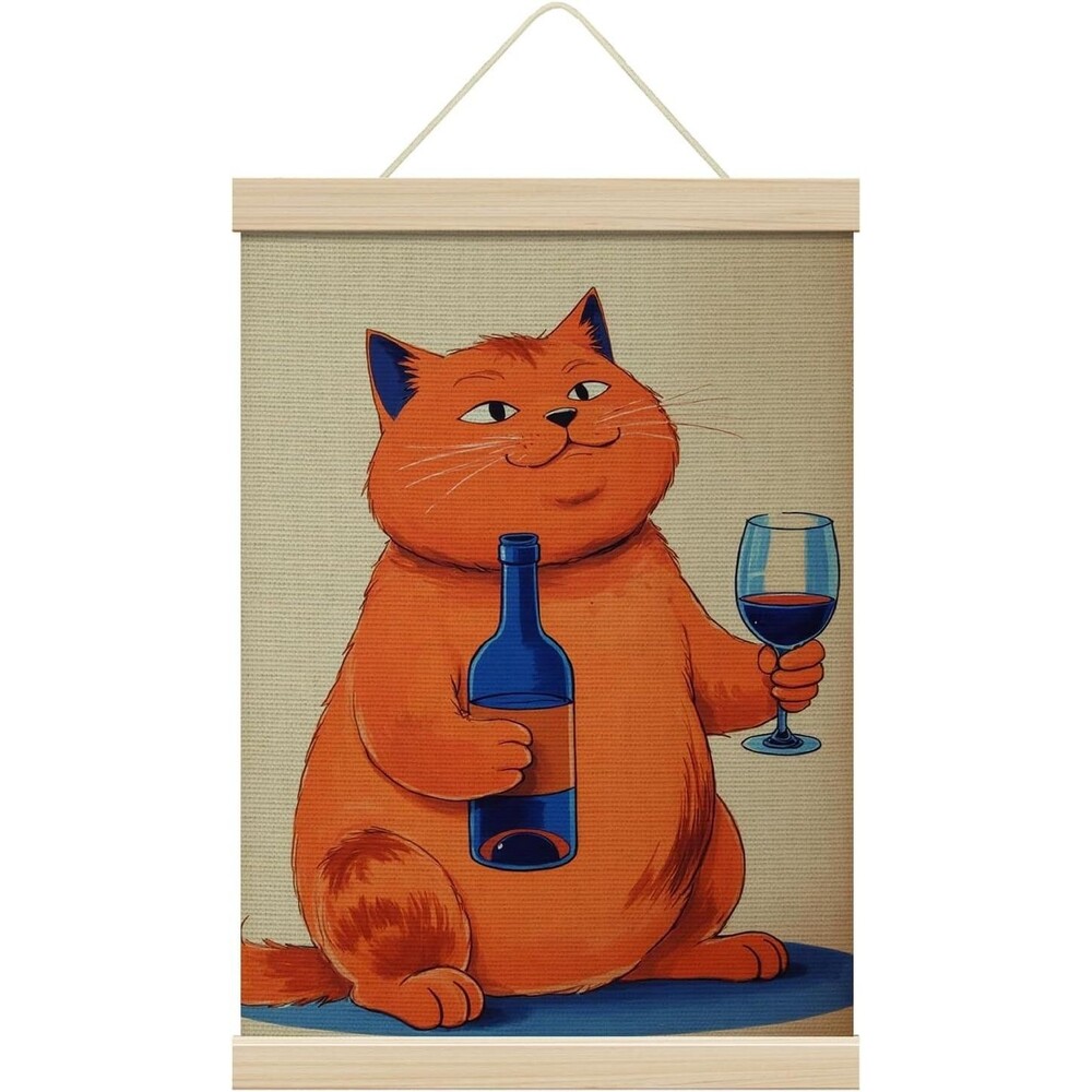 Funny Fat Cat Drinking Wine Wall Art Framed Canvas Poster 12x16 Home Bar Decor